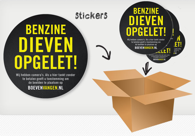 Boevenvangen.nl, stickerpakket, tankstation, benzinedief